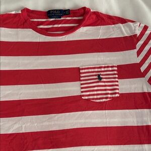 Polo by Ralph Lauren Coral & White Multi Sized Striped Pocket Tee M